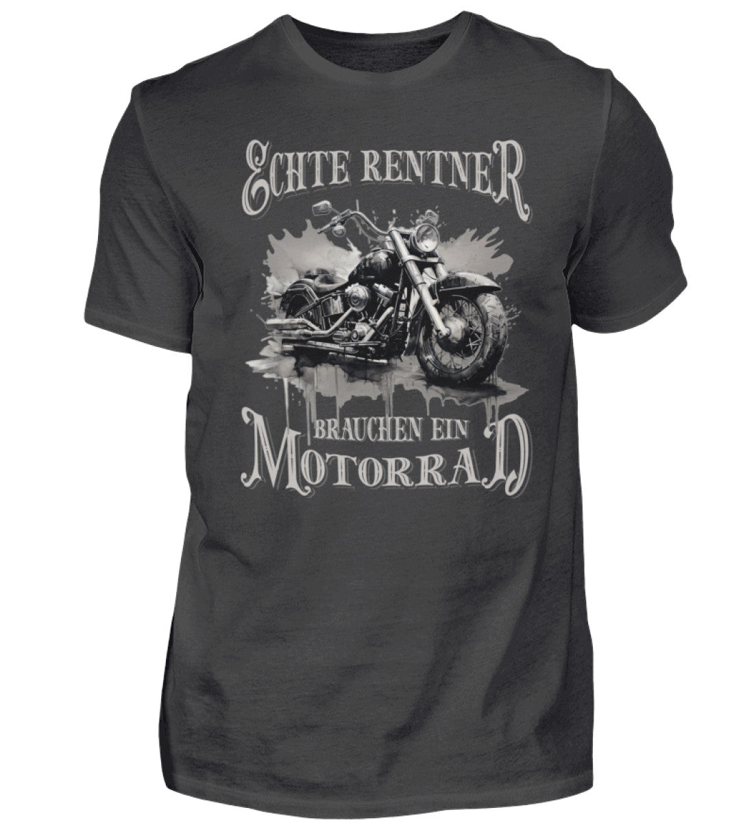 Ein Biker T-Shirt für Motorradfahrer von Wingbikers mit dem Aufdruck, Echte Rentner brauchen ein Motorrad, in dunkelgrau.