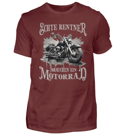 Ein Biker T-Shirt für Motorradfahrer von Wingbikers mit dem Aufdruck, Echte Rentner brauchen ein Motorrad, in weinrot.