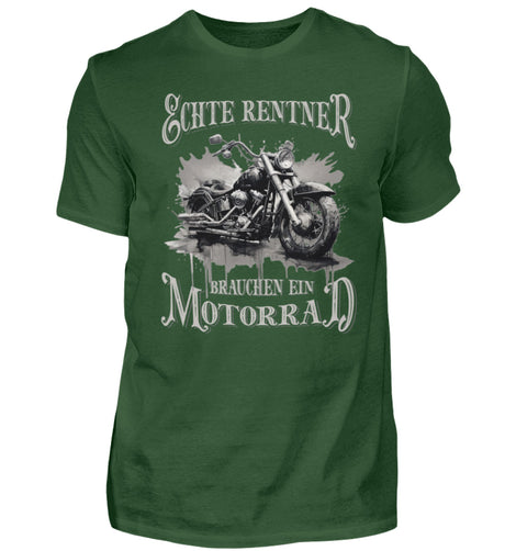 Ein Biker T-Shirt für Motorradfahrer von Wingbikers mit dem Aufdruck, Echte Rentner brauchen ein Motorrad, in dunkelgrün.