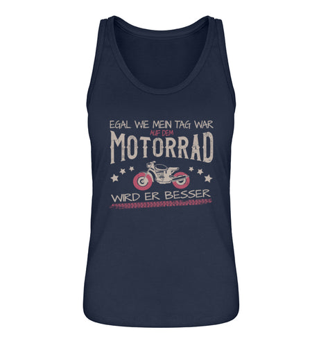 Ein Tanktop für Motorradfahrerinnen von Wingbikers mit dem Aufdruck, Egal wie mein Tag war, in navy blau.