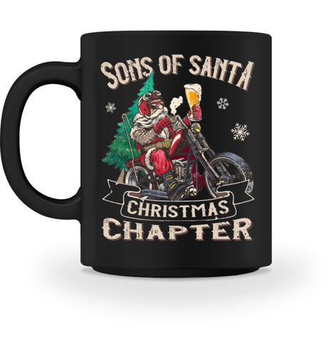 Eine Tasse für Motorradfahrer von Wingbikers, mit dem beidseitigen Aufdruck, Sons of Santa - mit Weihnachtsmann auf dem Motorrad, in schwarz.