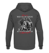 Ein Hoodie für Motorradfahrer von Wingbikers, mit dem Aufdruck, Love is, When You Like Someone As Much As Your Motorcycle, in dunkelgrau.