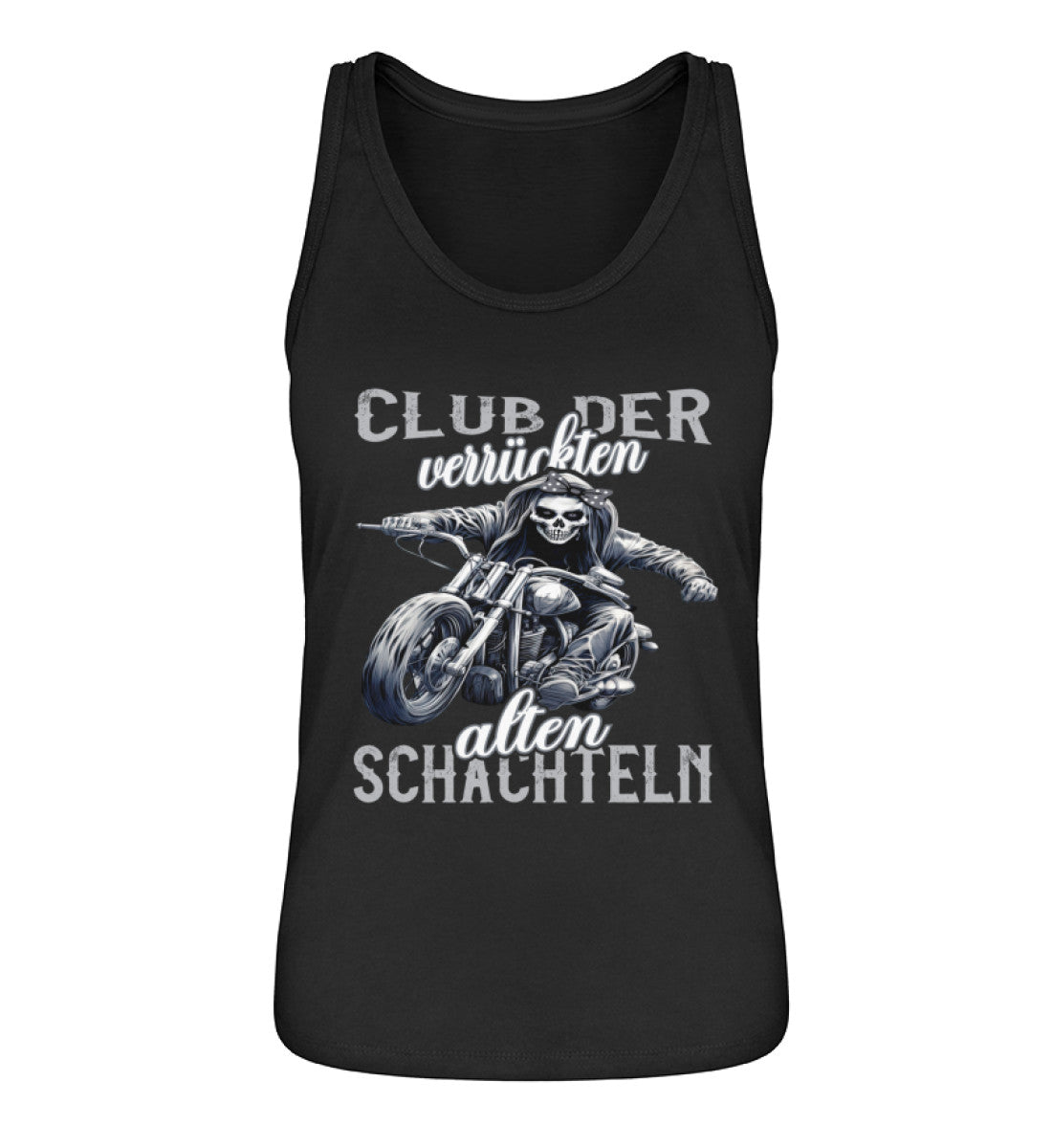 Ein Bikerin Tanktop für Motorradfahrerinnen von Wingbikers mit dem Aufdruck, Club der verrückten alten Schachteln - in schwarz.