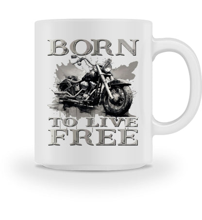 Ein Biker Tasse für Motorradfahrer von Wingbikers mit dem Aufdruck, Born to Live Free, in weiß.