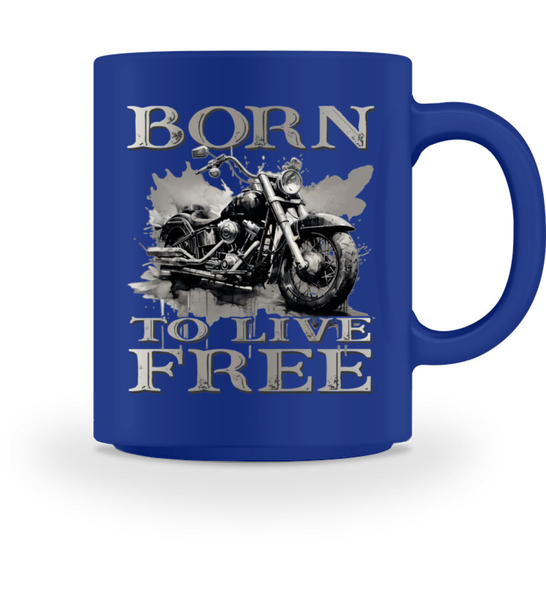 Ein Biker Tasse für Motorradfahrer von Wingbikers mit dem Aufdruck, Born to Live Free, in royal blau.