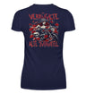 Ein T-Shirt mit V-Ausschnitt für Motorradfahrerinnen von Wingbikers mit dem Aufdruck, Verrückte alte Schachtel, als Back Print, in navy blau.