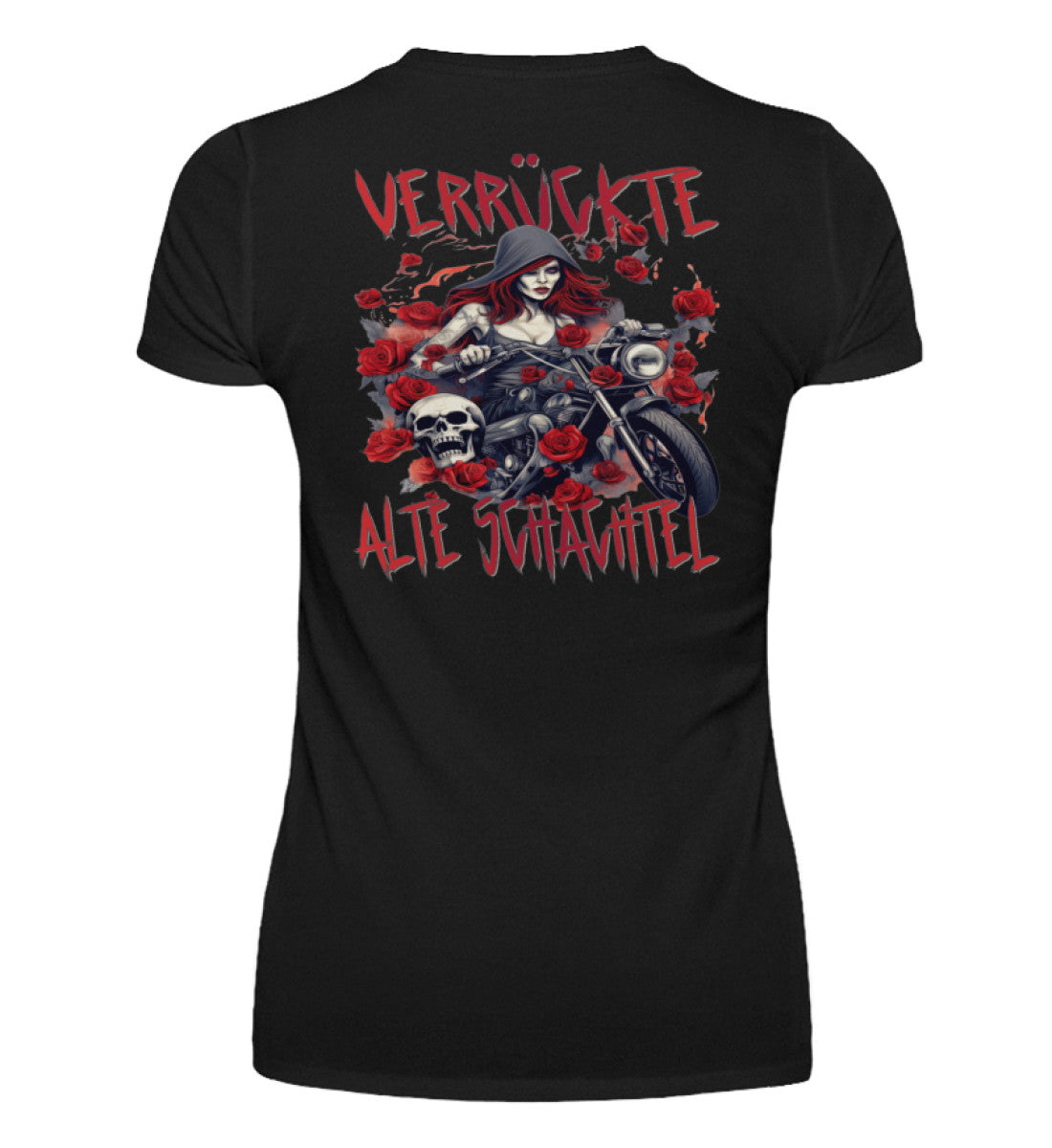 Ein T-Shirt mit V-Ausschnitt für Motorradfahrerinnen von Wingbikers mit dem Aufdruck, Verrückte alte Schachtel, als Back Print, in schwarz.