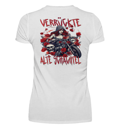 Ein T-Shirt mit V-Ausschnitt für Motorradfahrerinnen von Wingbikers mit dem Aufdruck, Verrückte alte Schachtel, als Back Print, in weiß.