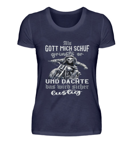 Ein Bikerin T-Shirt für Motorradfahrerinnen von Wingbikers mit dem Aufdruck, Als Gott mich schuf grinste er und dachte, das wird sicher lustig - in navy blau.