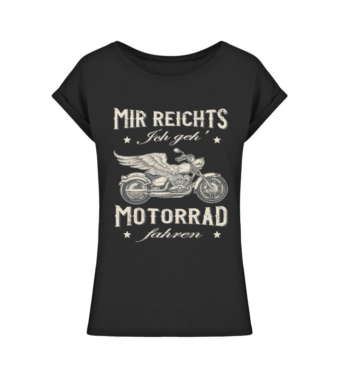 Ein Damen T-Shirt für Motorradfahrerinnen von Wingbikers mit dem Aufdruck, Mir reichts, ich geh´ Motorrad fahren - leger geschnitten, in schwarz.