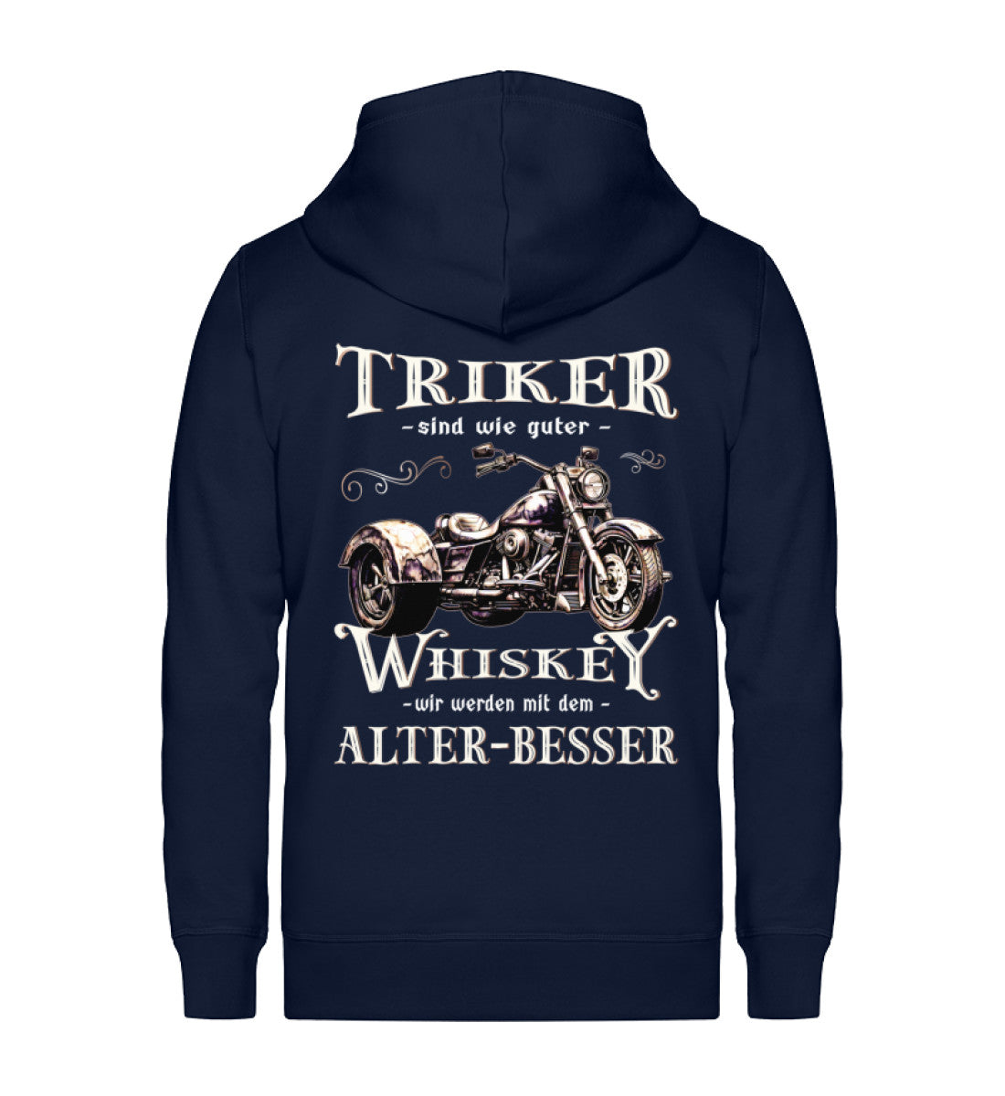 Eine Reißverschluss-Jacke für Trike Fahrer von Wingbikers mit dem Aufdruck, Triker sind wie guter Whiskey - Wir werden mit dem Alter besser, in navy blau.
