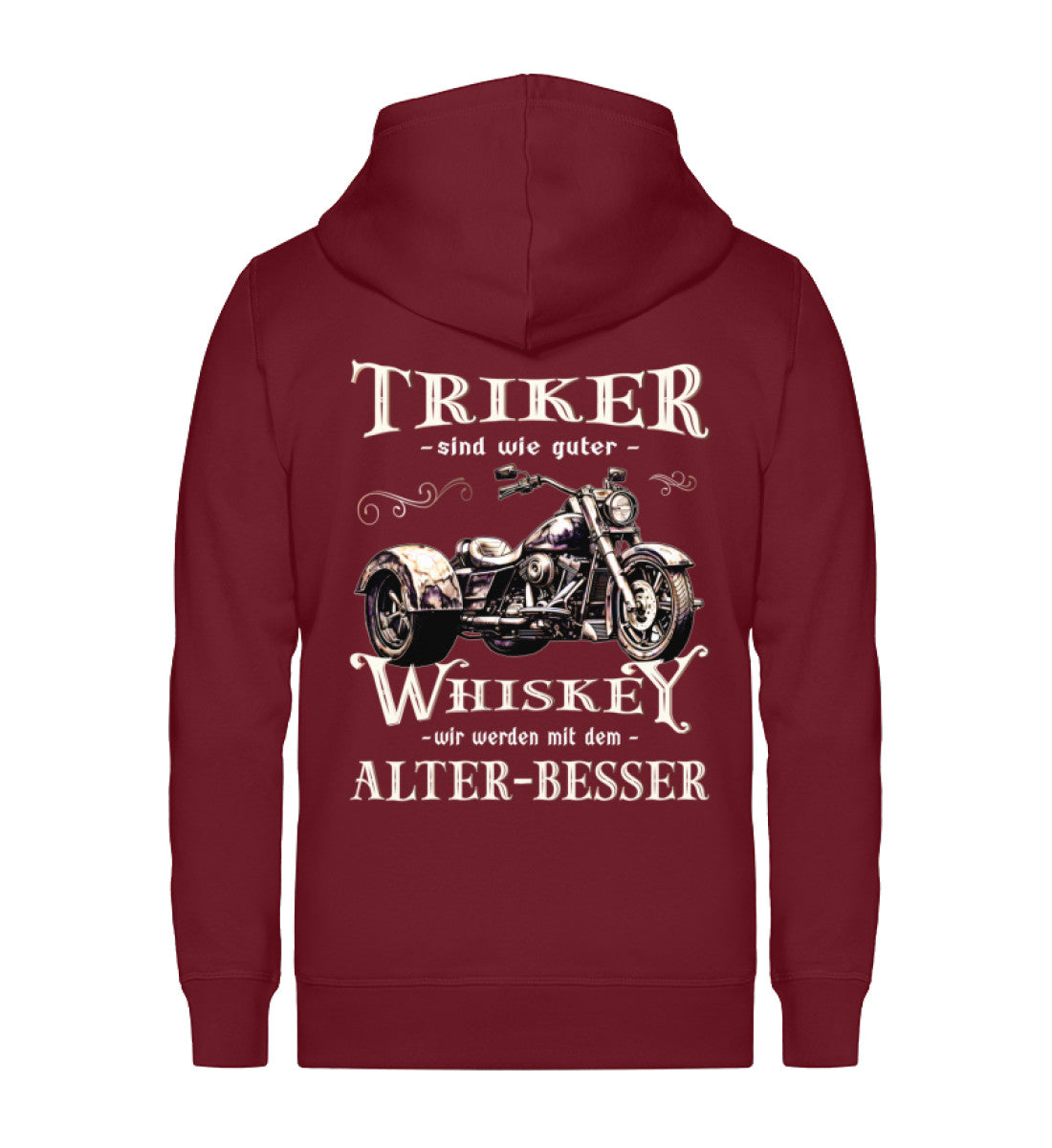 Eine Reißverschluss-Jacke für Trike Fahrer von Wingbikers mit dem Aufdruck, Triker sind wie guter Whiskey - Wir werden mit dem Alter besser, in burgunder weinrot.