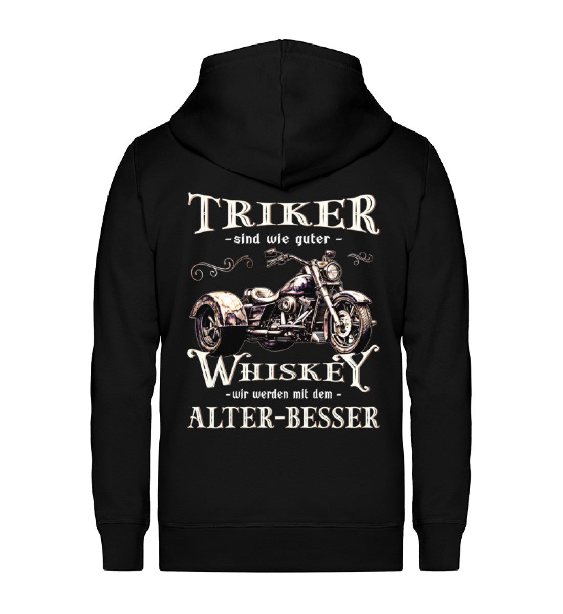 Eine Reißverschluss-Jacke für Trike Fahrer von Wingbikers mit dem Aufdruck, Triker sind wie guter Whiskey - Wir werden mit dem Alter besser, in schwarz.