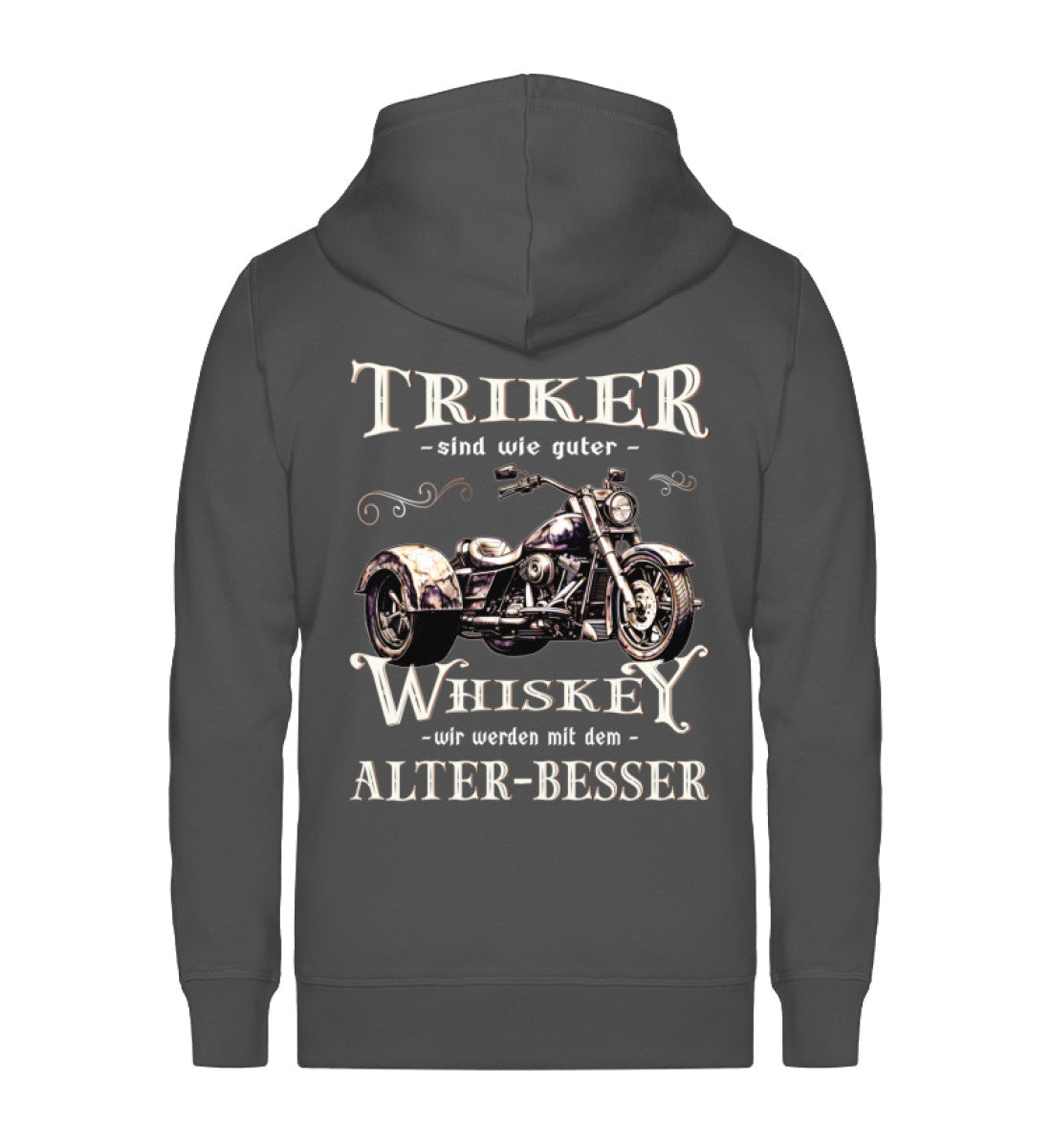 Eine Reißverschluss-Jacke für Trike Fahrer von Wingbikers mit dem Aufdruck, Triker sind wie guter Whiskey - Wir werden mit dem Alter besser, in dunkelgrau.