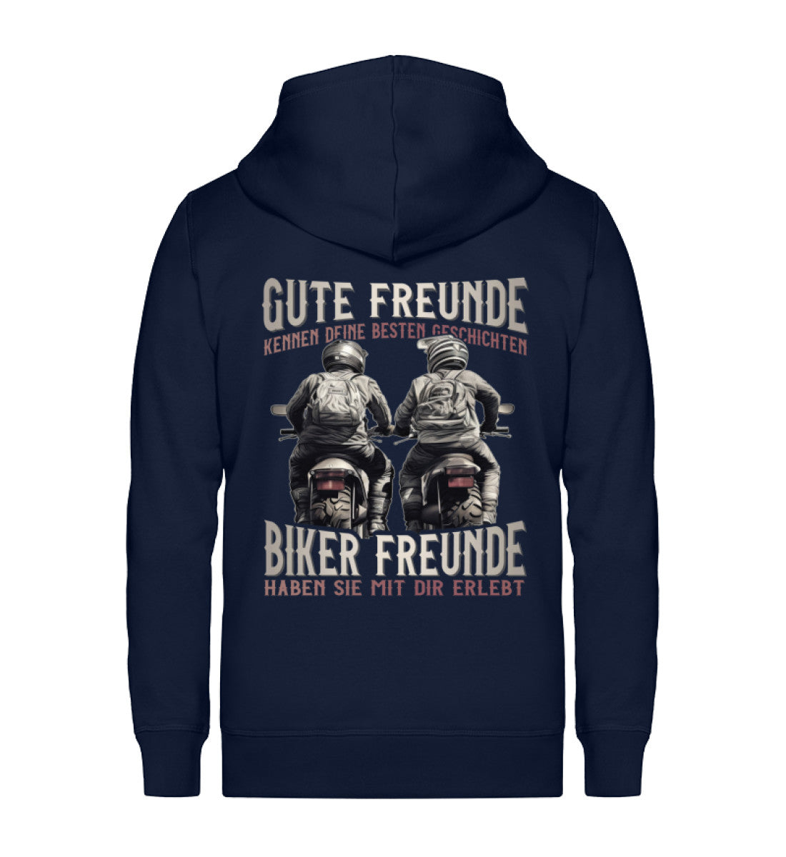 Eine Reißverschluss-Jacke für Motorradfahrer von Wingbikers mit dem Aufdruck, Gute Freunde kenne deine Geschichten - Biker haben sie mit dir erlebt, in navy blau. 
