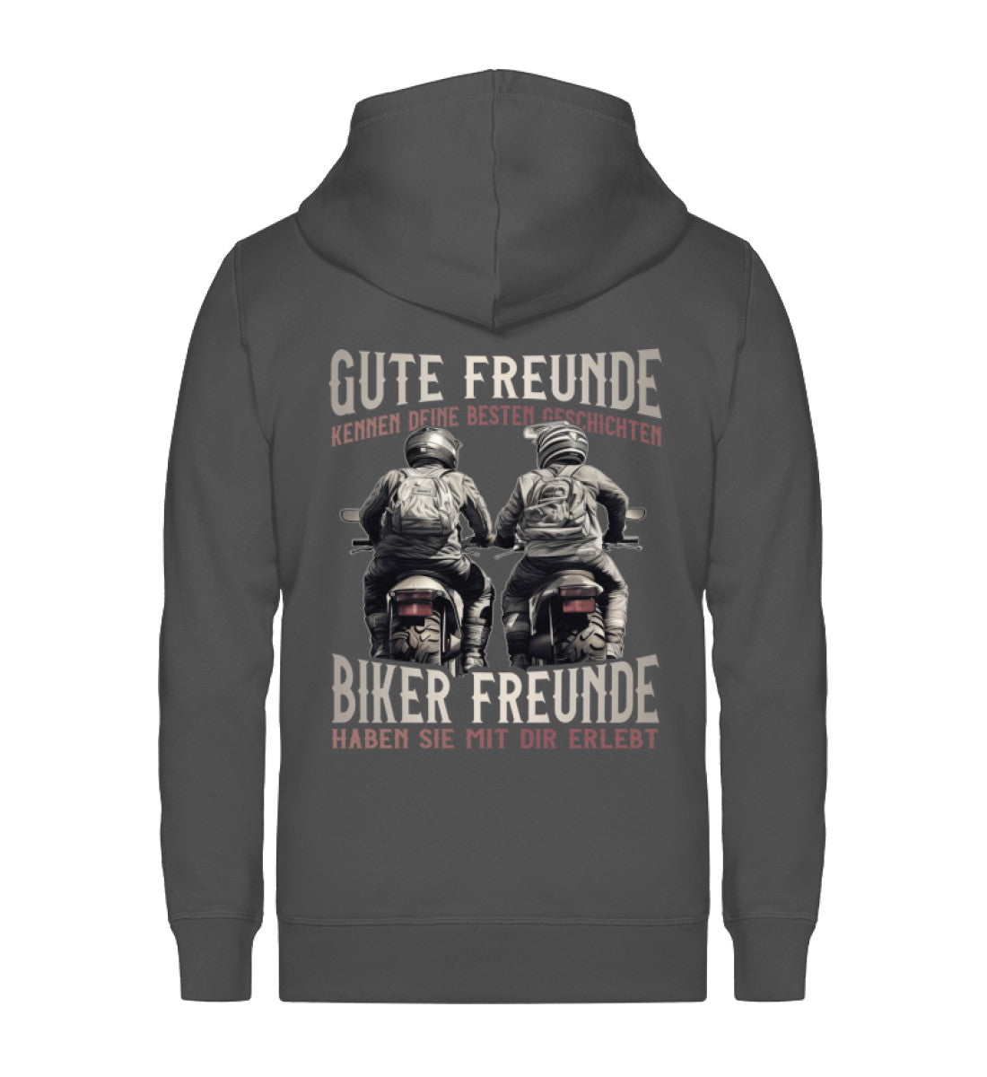 Eine Reißverschluss-Jacke für Motorradfahrer von Wingbikers mit dem Aufdruck, Gute Freunde kenne deine Geschichten - Biker haben sie mit dir erlebt, in dunkelgrau.