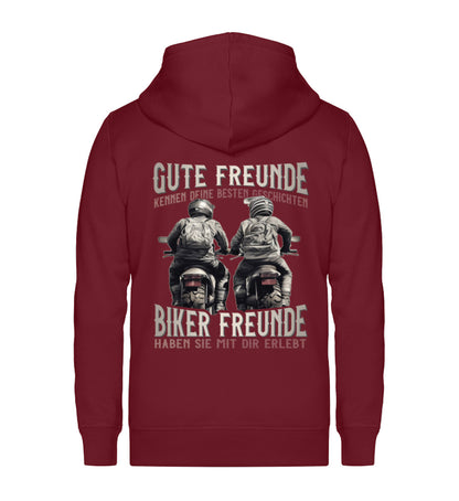 Eine Reißverschluss-Jacke für Motorradfahrer von Wingbikers mit dem Aufdruck, Gute Freunde kenne deine Geschichten - Biker haben sie mit dir erlebt, in burgunder weinrot.