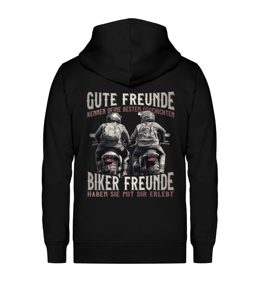 Eine Reißverschluss-Jacke für Motorradfahrer von Wingbikers mit dem Aufdruck, Gute Freunde kenne deine Geschichten - Biker haben sie mit dir erlebt, in schwarz.