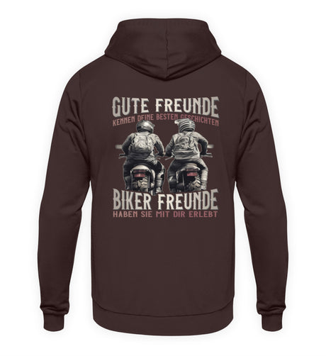 Ein Hoodie mit Back Print für Motorradfahrer von Wingbikers mit dem Aufdruck, Gute Freunde kenne deine Geschichten - Biker haben sie mit dir erlebt, in dunkelbraun.