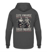 Ein Hoodie mit Back Print für Motorradfahrer von Wingbikers mit dem Aufdruck, Gute Freunde kenne deine Geschichten - Biker haben sie mit dir erlebt, in dunkelgrau.