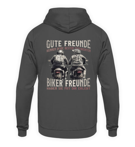 Ein Hoodie mit Back Print für Motorradfahrer von Wingbikers mit dem Aufdruck, Gute Freunde kenne deine Geschichten - Biker haben sie mit dir erlebt, in dunkelgrau.