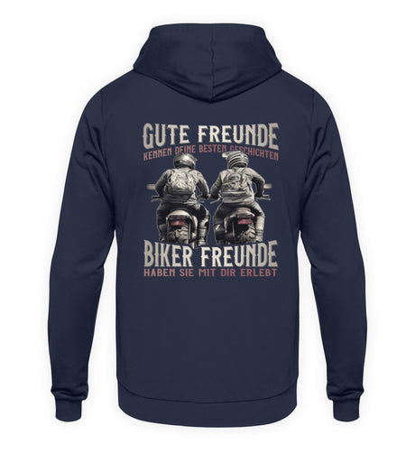 Ein Hoodie mit Back Print für Motorradfahrer von Wingbikers mit dem Aufdruck, Gute Freunde kenne deine Geschichten - Biker haben sie mit dir erlebt, in dunkelblau.