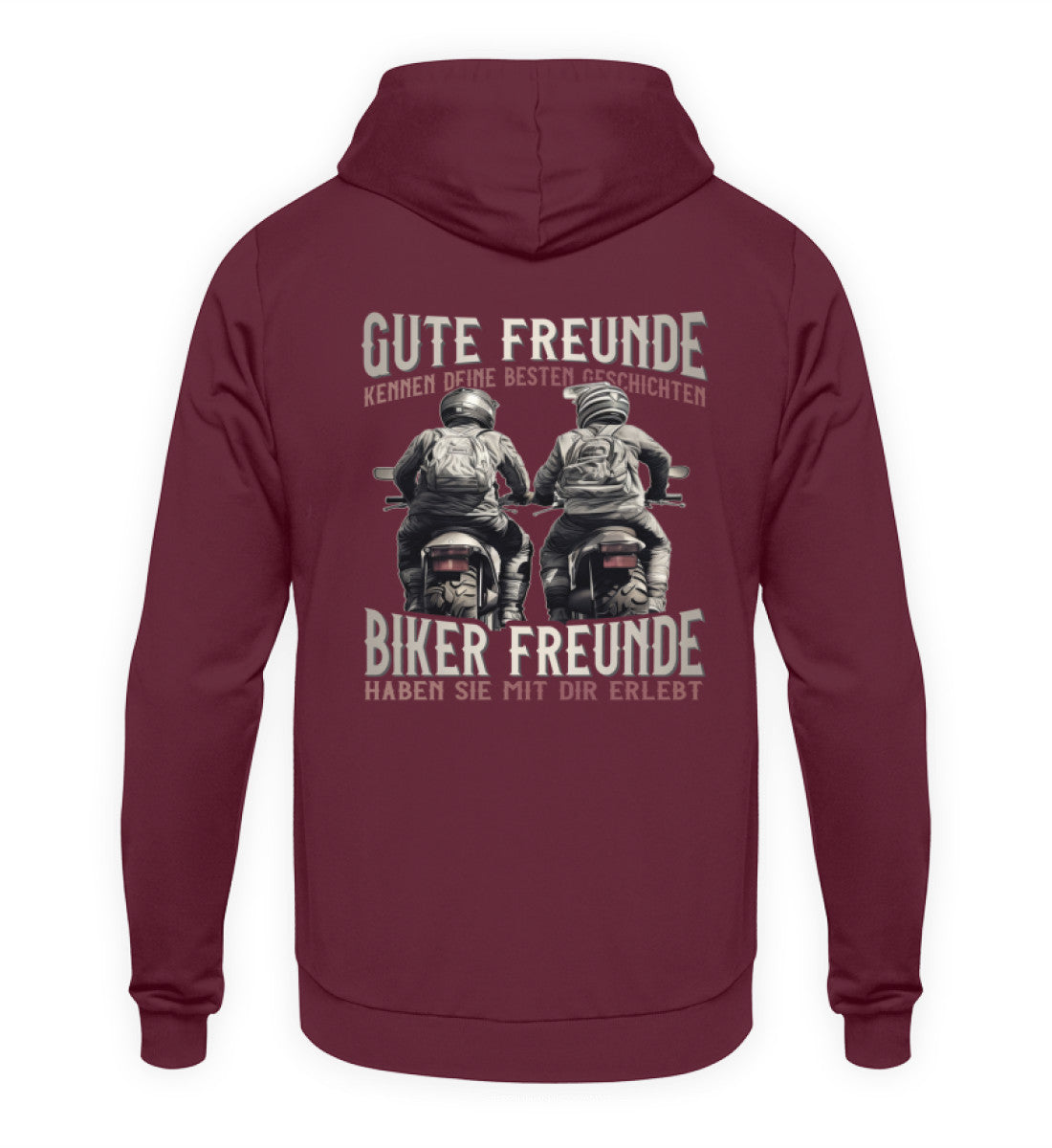 Ein Hoodie mit Back Print für Motorradfahrer von Wingbikers mit dem Aufdruck, Gute Freunde kenne deine Geschichten - Biker haben sie mit dir erlebt, in burgunder weinrot.