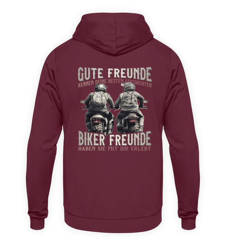 Ein Hoodie mit Back Print für Motorradfahrer von Wingbikers mit dem Aufdruck, Gute Freunde kenne deine Geschichten - Biker haben sie mit dir erlebt, in burgunder weinrot.