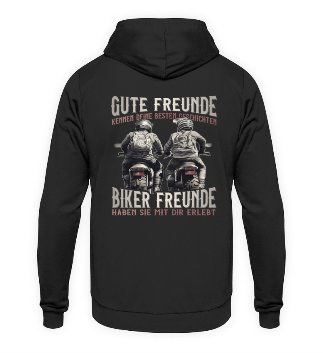 Ein Hoodie mit Back Print für Motorradfahrer von Wingbikers mit dem Aufdruck, Gute Freunde kenne deine Geschichten - Biker haben sie mit dir erlebt, in schwarz.