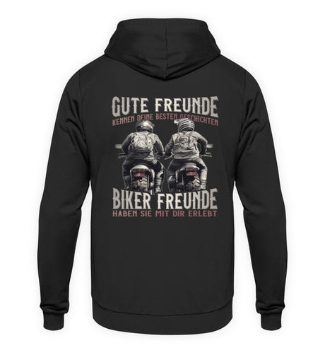 Ein Hoodie mit Back Print für Motorradfahrer von Wingbikers mit dem Aufdruck, Gute Freunde kenne deine Geschichten - Biker haben sie mit dir erlebt, in schwarz.