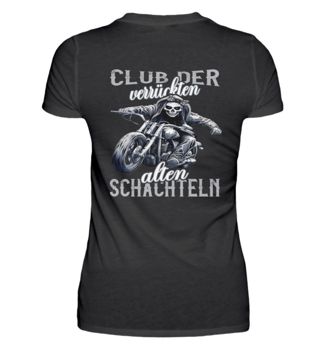 Ein Bikerin T-Shirt für Motorradfahrerinnen von Wingbikers mit dem Aufdruck, Club der verrückten alten Schachteln - mit Back Print, in schwarz.