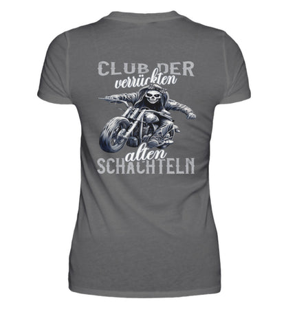 Ein Bikerin T-Shirt für Motorradfahrerinnen von Wingbikers mit dem Aufdruck, Club der verrückten alten Schachteln - mit Back Print, in dunkelgrau.