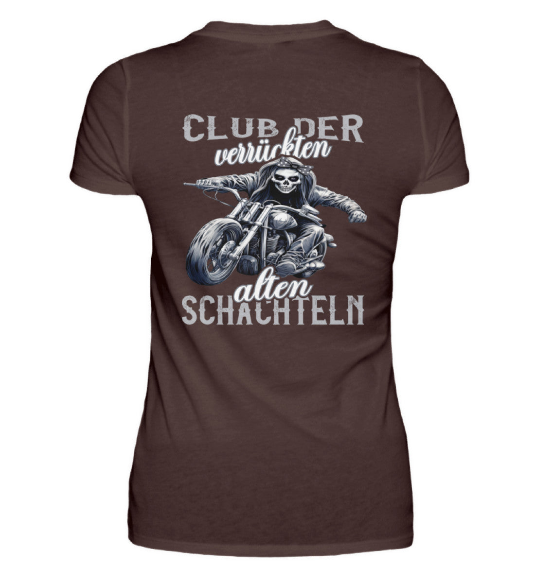 Ein Bikerin T-Shirt für Motorradfahrerinnen von Wingbikers mit dem Aufdruck, Club der verrückten alten Schachteln - mit Back Print, in braun.