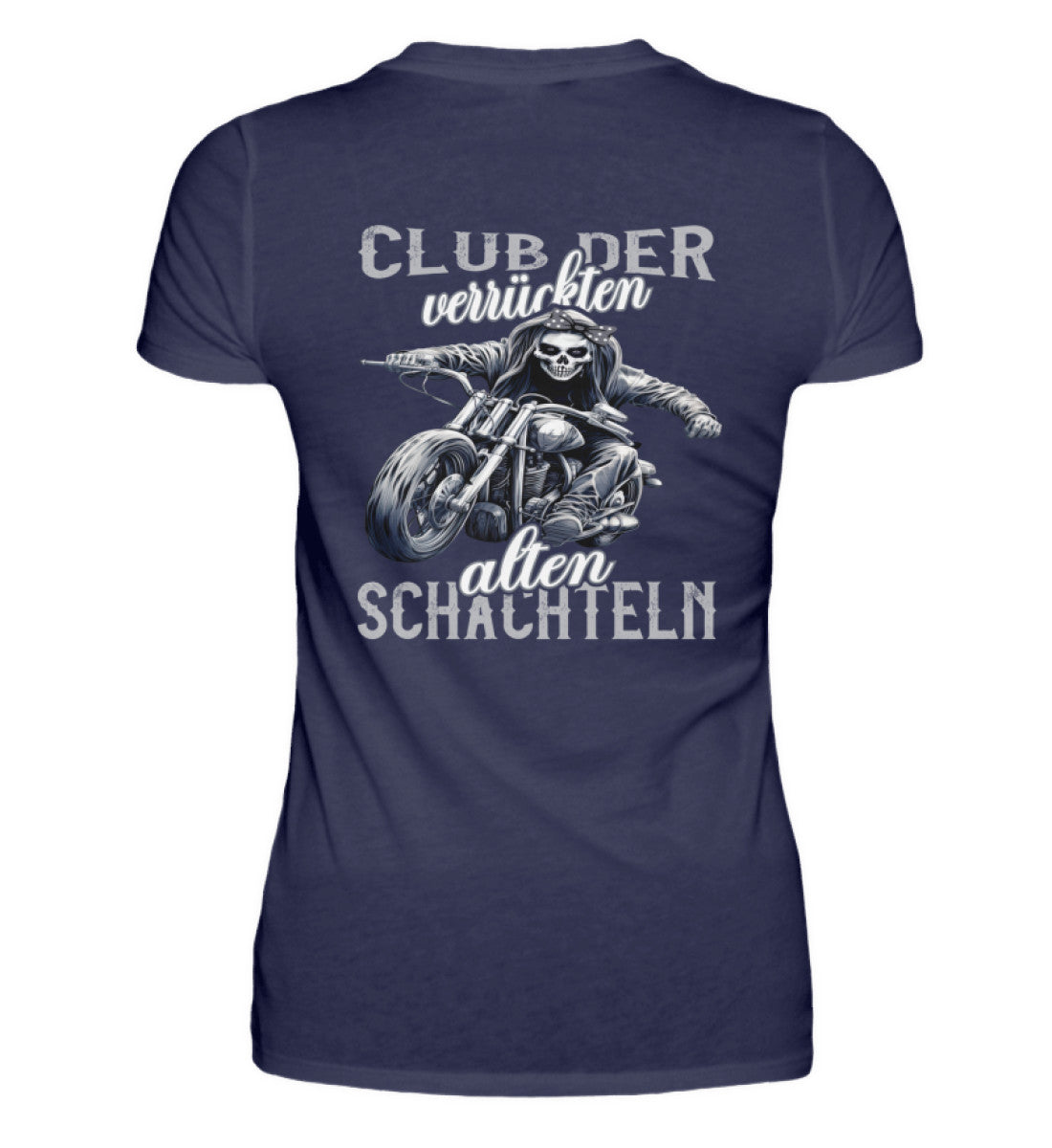 Ein Bikerin T-Shirt für Motorradfahrerinnen von Wingbikers mit dem Aufdruck, Club der verrückten alten Schachteln - mit Back Print, in navy blau.