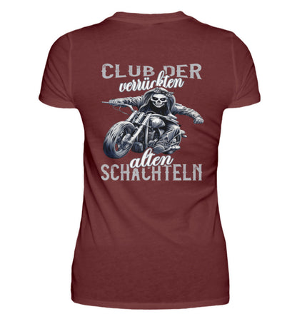 Ein Bikerin T-Shirt für Motorradfahrerinnen von Wingbikers mit dem Aufdruck, Club der verrückten alten Schachteln - mit Back Print, in weinrot.