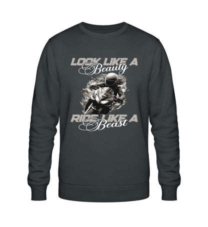 Ein Sweatshirt für Motorradfahrerinnen von Wingbikers mit dem Aufdruck, Look like a Beauty - Ride like a Beast , in dunkelgrau.