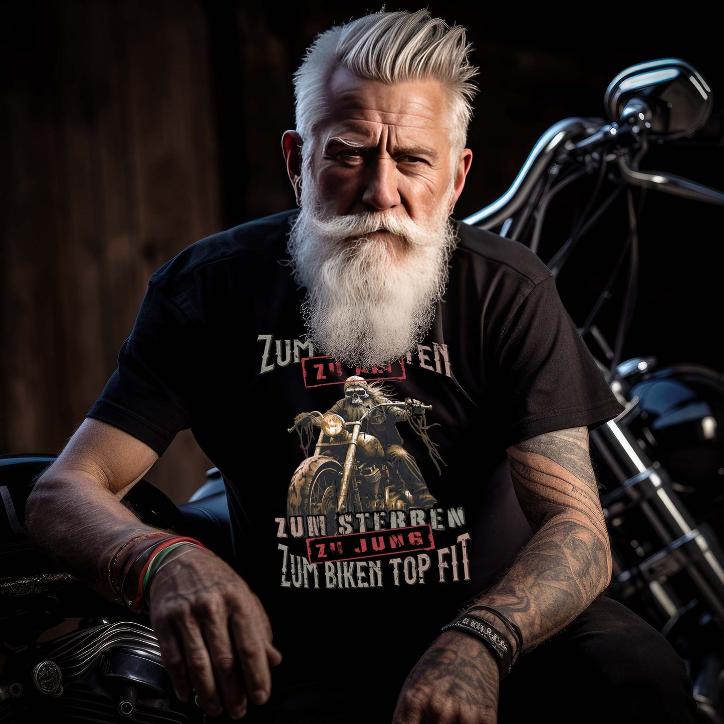 Ein Biker mit einem T-Shirt für Motorradfahrer von Wingbikers mit dem Aufdruck, Zum Arbeiten zu alt, zum Sterben zu jung - Zum Biken top fit- in schwarz.