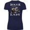 Ein T-Shirt mit V-Ausschnitt für Motorradfahrerinnen von Wingbikers mit dem Aufdruck, Biker Lady mit einer vintage Chopper, als Back Print, in navy blau.