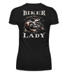 Ein T-Shirt mit V-Ausschnitt für Motorradfahrerinnen von Wingbikers mit dem Aufdruck, Biker Lady mit einer vintage Chopper, als Back Print, in schwarz.