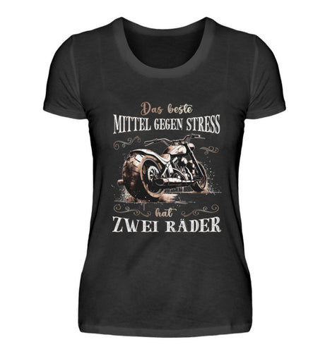 Ein T-Shirt für Motorradfahrerinnen von Wingbikers mit dem Aufdruck, Das beste Mittel gegen Stress hat 2 Räder, in schwarz.