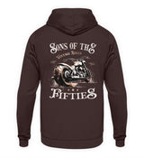 Ein Biker Hoodie für Motorradfahrer von Wingbikers mit dem Aufdruck, Sons of the Fifties - Vintage Biker, als Back Print, in braun.