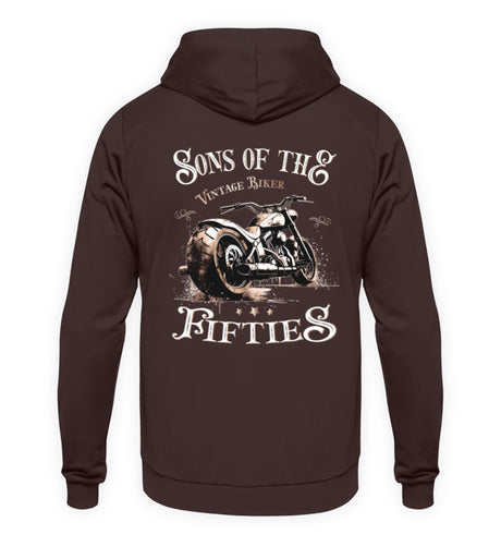 Ein Biker Hoodie für Motorradfahrer von Wingbikers mit dem Aufdruck, Sons of the Fifties - Vintage Biker, als Back Print, in braun.