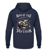 Ein Biker Hoodie für Motorradfahrer von Wingbikers mit dem Aufdruck, Sons of the Fifties - Vintage Biker, als Back Print, in navy blau.