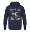 Ein Biker Hoodie für Motorradfahrer von Wingbikers mit dem Aufdruck, Sons of the Fifties - Vintage Biker, als Back Print, in navy blau.