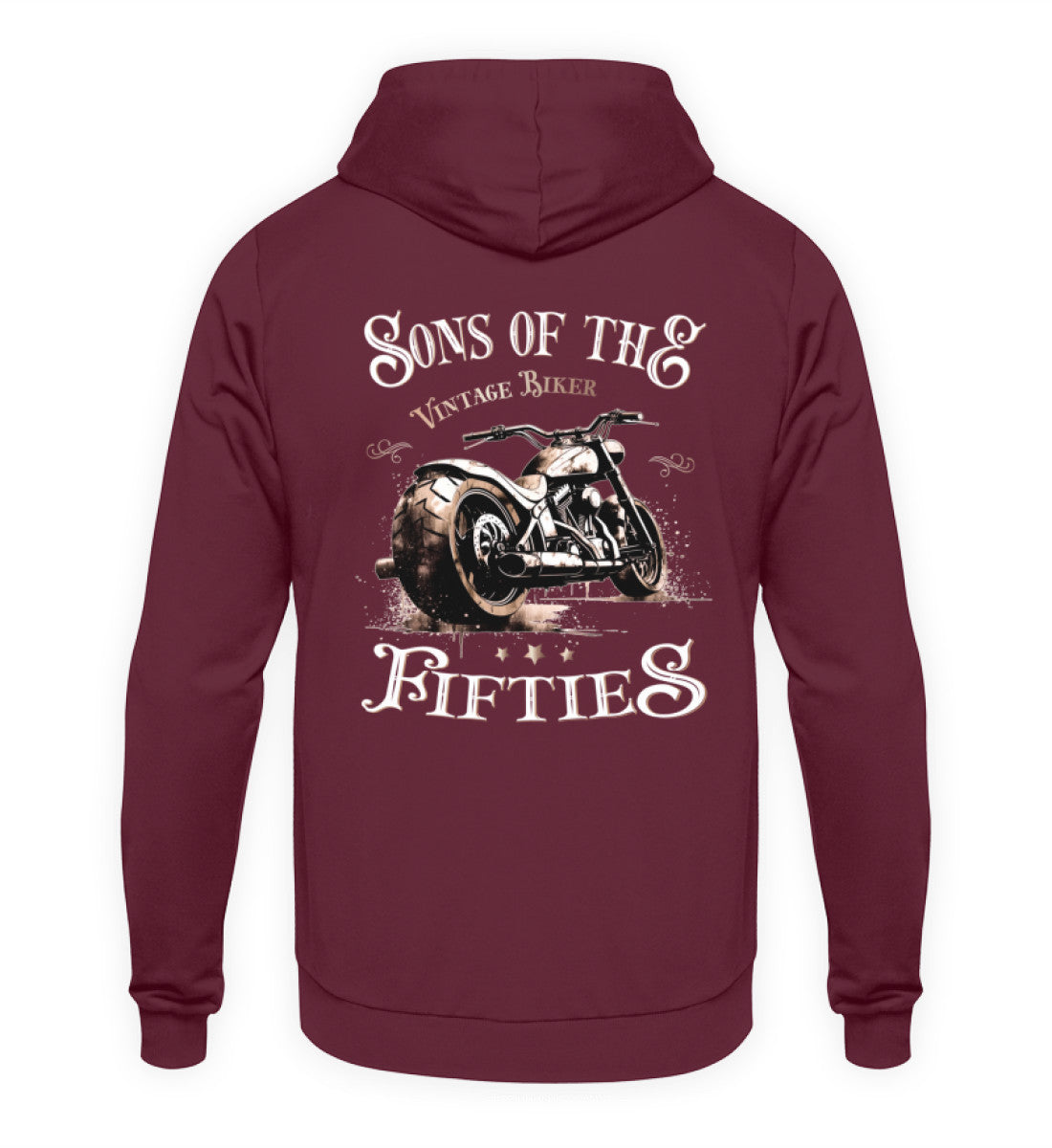 Ein Biker Hoodie für Motorradfahrer von Wingbikers mit dem Aufdruck, Sons of the Fifties - Vintage Biker, als Back Print, in burgunder weinrot.