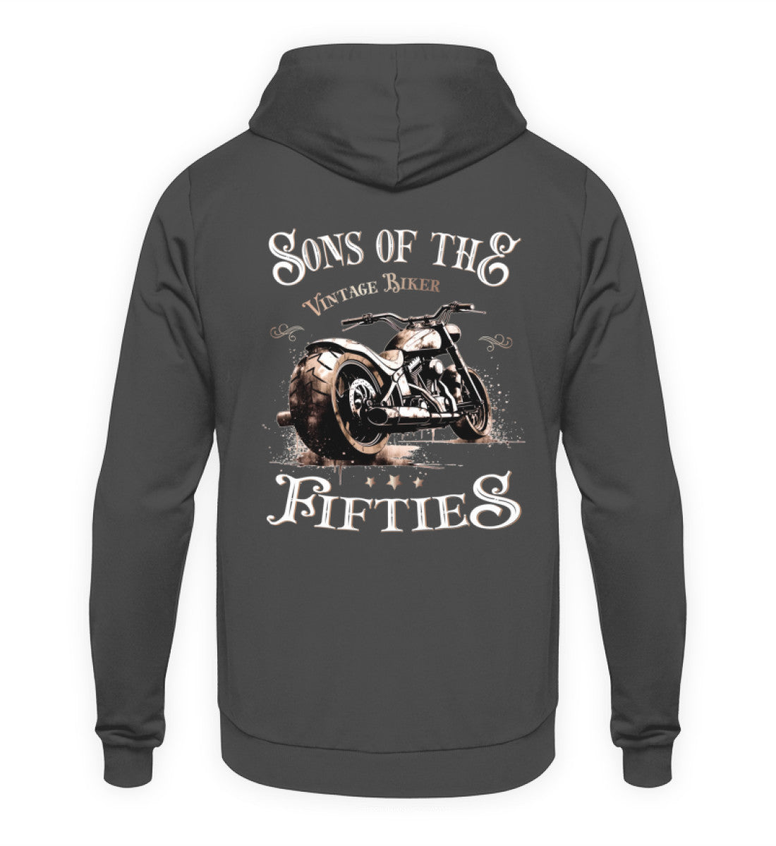 Ein Biker Hoodie für Motorradfahrer von Wingbikers mit dem Aufdruck, Sons of the Fifties - Vintage Biker, als Back Print, in dunkelgrau.