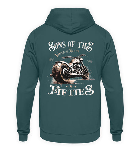 Ein Biker Hoodie für Motorradfahrer von Wingbikers mit dem Aufdruck, Sons of the Fifties - Vintage Biker, als Back Print, in petrol türkis.