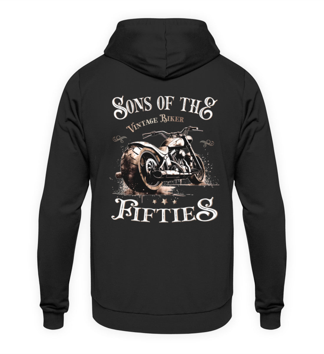 Ein Biker Hoodie für Motorradfahrer von Wingbikers mit dem Aufdruck, Sons of the Fifties - Vintage Biker, als Back Print, in schwarz.