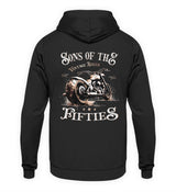 Ein Biker Hoodie für Motorradfahrer von Wingbikers mit dem Aufdruck, Sons of the Fifties - Vintage Biker, als Back Print, in schwarz.