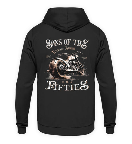 Ein Biker Hoodie für Motorradfahrer von Wingbikers mit dem Aufdruck, Sons of the Fifties - Vintage Biker, als Back Print, in schwarz.